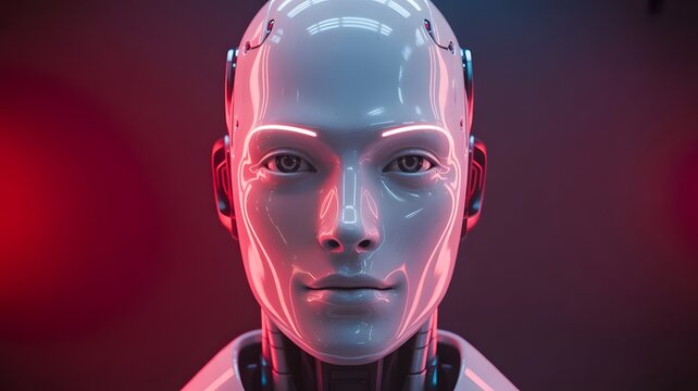 Futuristic AI robot face with glowing red neon accents
