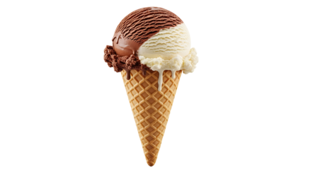 Delicious chocolate vanilla ice cream cone isolated on transparent background