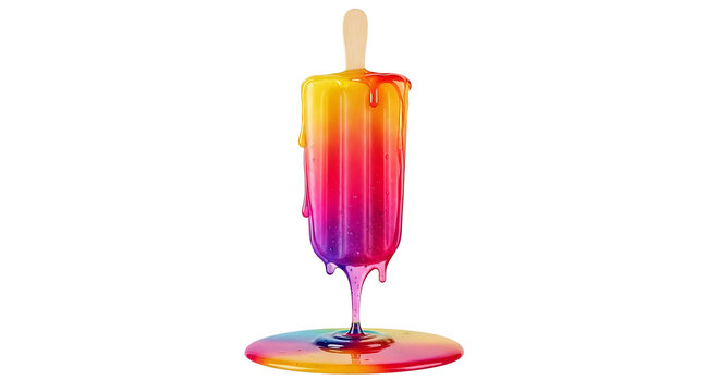 Colorful dripping popsicle with vibrant melting gradient effect on transparent background