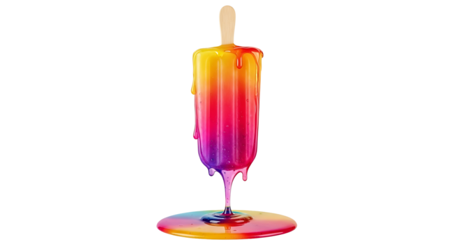 Colorful dripping popsicle with vibrant melting gradient effect on transparent background
