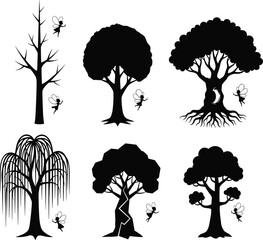 Fantasy tree silhouette, magical fairy artwork, mystical forest design, enchanted nature illustration, whimsical fantasy art collection