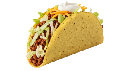 Delicious crispy taco with rich filling against a clear background on transparent background