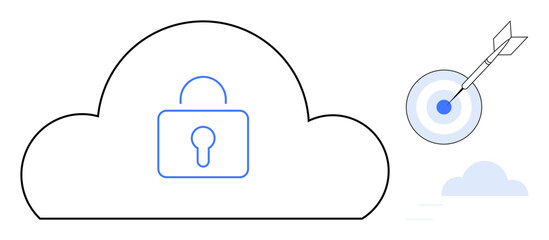Lock embedded in a cloud representing cybersecurity, arrow hitting a target symbolizing precision. Ideal for cloud safety, data protection, goal-setting, accuracy, encryption, privacy, efficiency