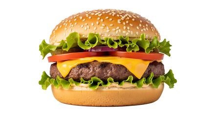 Appetizing cheeseburger with fresh toppings displayed prominently on transparent background