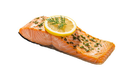 Grilled salmon fillet with lemon and herbs close-up on transparent background