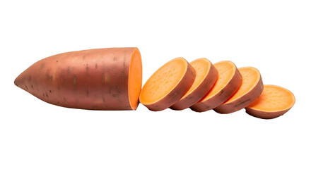 Sliced vibrant orange sweet potato arranged artfully on transparent background