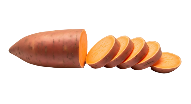 Sliced vibrant orange sweet potato arranged artfully on transparent background