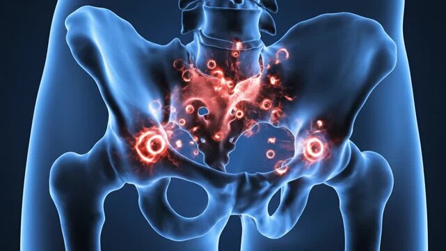3D Medical Animation of Pelvic Bones and Joints with Highlighted Pain Points.