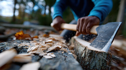A person skillfully chops wood with an axe amidst a vibrant forest, showcasing the raw energy and connection to nature in this outdoor task.