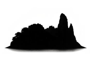 Mountains silhouette in traditional asian ink wash painting style with fog, transparent background