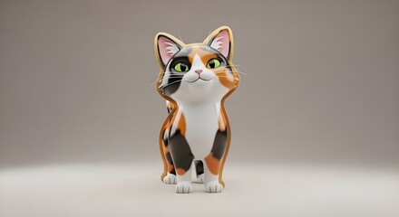 Cute Stylized 3D Calico Cat Character Standing and Smiling