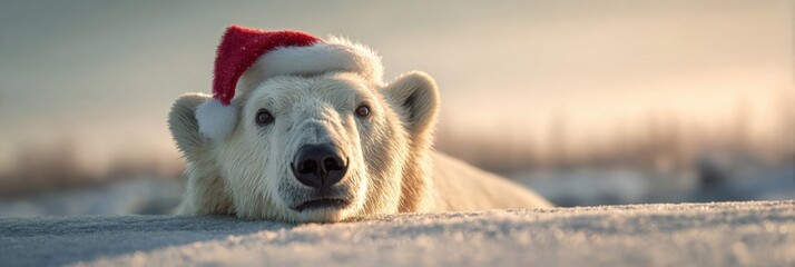 Cute polar bear wearing Santa hat resting on snow at sunset. Christmas banner.