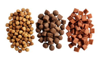 Premium Pet Food Variety: Three Kinds of Kibble and Treats isolated on a transparent background