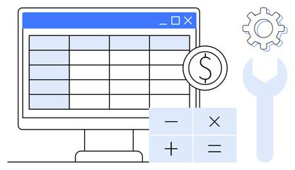 Computer displaying spreadsheet, gear, wrench, coin, calculator. Ideal for finance, accounting, data analysis budgeting investment productivity and technology solutions. Simple flat metaphor