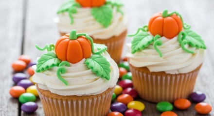 Delightful pumpkin cupcakes with creamy frosting create a festive fall mood for your Halloween or Thanksgiving themed party and sweet treats campaign