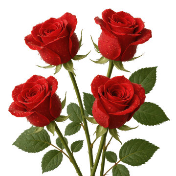 Four red roses with water droplets isolated on transparent background