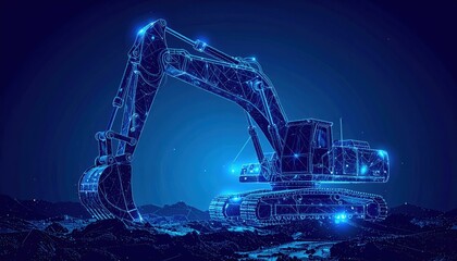 Futuristic excavator made of glowing blue digital wireframe on a dark background. Innovation, construction technology, hi-tech engineering, industry, robotics and digitalization concept.