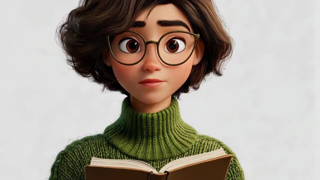 Curious Reader with Book: A portrait of a woman with curly hair wearing glasses, engrossed in the pages of a book, revealing her contemplative and studious personality. 