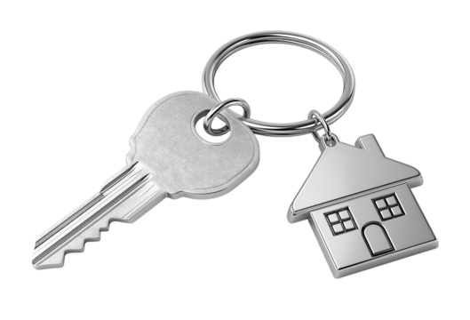 Key to the Dream Home: Silver Key and Golden House Keychain isolated on a transparent background