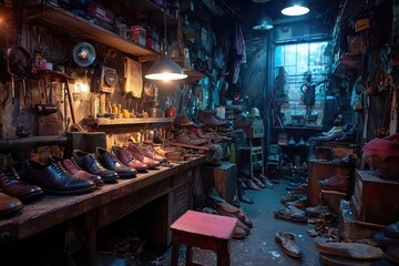 Naklejka premium Leather shoes and tools on cobbler's workbench