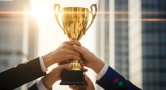 Successful Business Team Celebrating Victory with Golden Trophy - Powered by Adobe