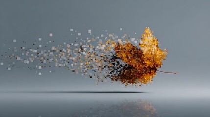 Fading autumn leaf dispersing into tiny pixelated squares against a grey backdrop.