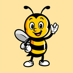 fun cute bee waving colored cartoon character isolated drawing line style sketch classic vintage design illustration