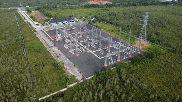 Aerial view of the existing electricity substation in Banjarmasin, electricity terminal and electricity conductor