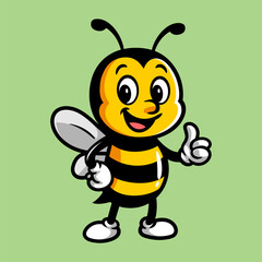 fun cute thumbs up bee colored cartoon character isolated drawing line style sketch classic vintage design illustration