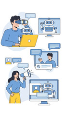 People interacting with AI and technology for communication and analysis.