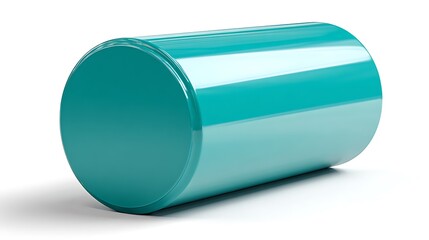 Glossy Teal Cylinder on White Background.