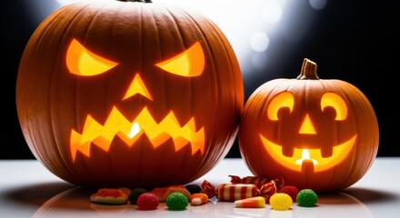 Spooky jack-o'-lanterns glowing with eerie light, surrounded by Halloween candy, perfect for festive fall celebrations and spooky designs