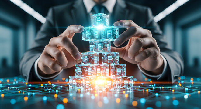 Businessman building a digital future with interconnected technology blocks