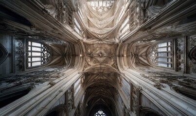 Intricate Architectural Interior Perspective - Gothic Cathedral Ceiling View.