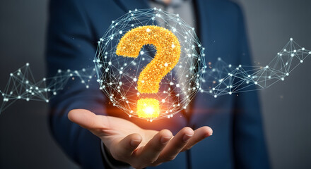 Golden Question Mark Emerging from Connected Network Held in Hand