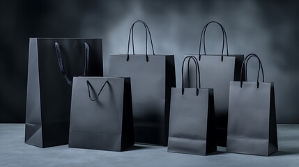 Matte black shopping bags on display professional concept photo.