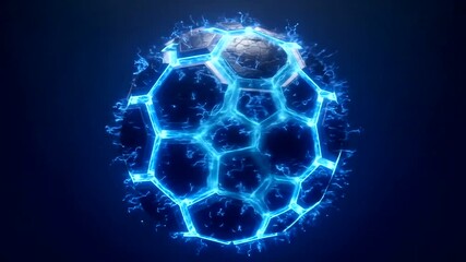 Futuristic glowing soccer ball with hexagonal patterns in dark background - Powered by Adobe