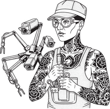 Monochrome tattoo style illustration, repair technician and surv