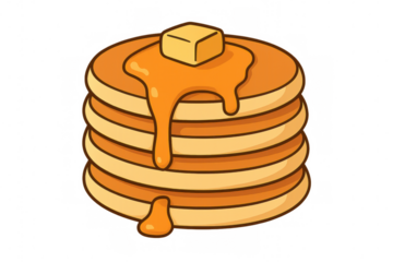 Stack of pancakes with dripping maple syrup and butter on top, symbolizing breakfast food and sweet desserts