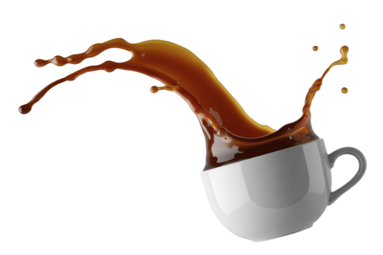 Dynamic coffee splash erupting from white cup, capturing motion and rich aroma for captivating beverage advertising.