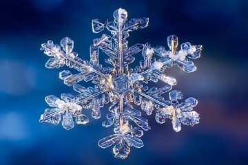 Macro ice crystal forming unique snowflake structure