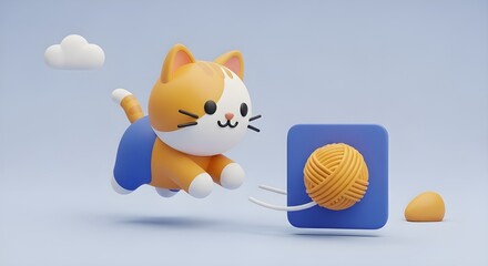 Cute 3D Orange and White Cat in Blue Pants Playing with a Yarn Ball Icon
