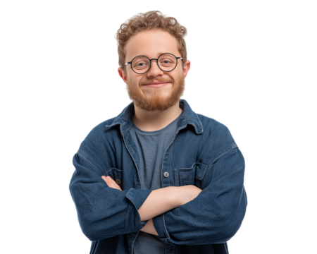Happy Young Man in Denim Shirt and Glasses Smiling Confidently isolated on a transparent background