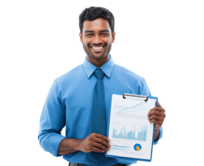 Smiling professional man presenting financial growth data on a clipboard isolated on a transparent background