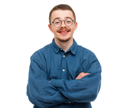 Confident Young Man in Glasses Smiling with Arms Crossed isolated on a transparent background - Powered by Adobe