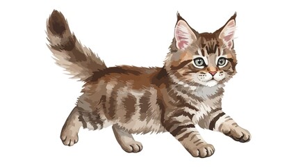 Brown Tabby Maine Coon Kitten – Adorable Fluffy Cat Portrait Isolated on White Background - 1