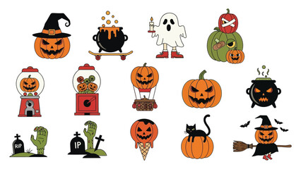 Spooky Halloween icons featuring grinning jack-o-lanterns, ghosts, witches, cauldrons, and creepy crawlies create festive holiday fun