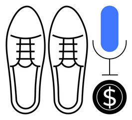 Black leather shoes, blue microphone, and dollar sign embody style, innovation, and prosperity. Ideal for concepts thumbs up business, creativity, professionalism, sales storytelling communication