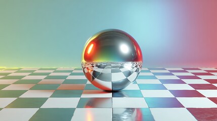 Reflective Sphere on Checkerboard Floor with Neon Gradient Background.