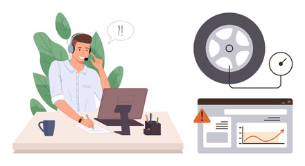 Man with headset assisting customer at desk with indicators of tire pressure and warning icon. Ideal for customer support, technical issues, remote troubleshooting, automotive service, analytics